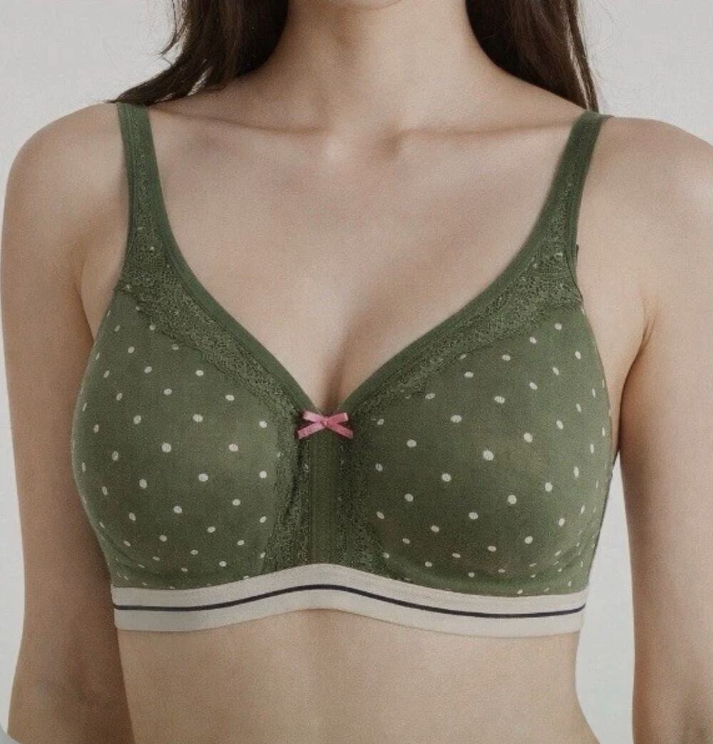 36DD Cacique polka dot soft olive green white wireless